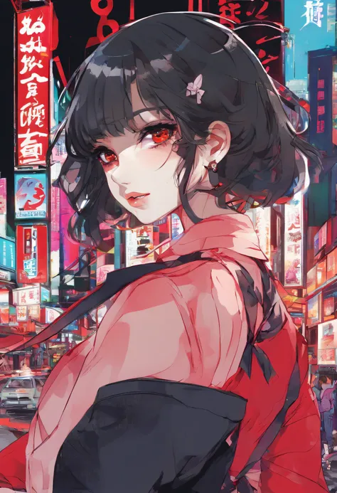 (Fine face with fine and beautiful red eyes、masterpiece sidelighting、​masterpiece、best qualtiy、detaileds、High resolution illustration)、(Urban High-tech Clothing、Background of cybernetics、Night view of Hong Kong)、(1girl in、A half body、a beauty girl、shinny s...