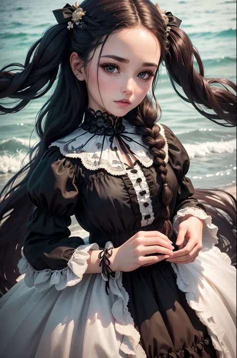 Best quality, Super hi，Its nothing, photoreaslistic, Photography of a beautiful woman, Age of 30 years of adolescence, Detailed face, Black messy fishtail braid, (Detailed porcelain doll,intricate detailed clothes，There are a lot of frills and ribbons), be...