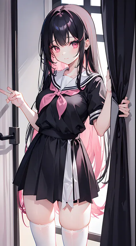 Long light black hair reaches waist-length，Pink eyes，Hair curtain，Two hair curtains on both sides，dishiveredhair，chiquita，Sailor uniform school uniform，huge tit，White skin of the，light  smile，black lence stockings，Whole body diagram，Eye highlights，In schoo...