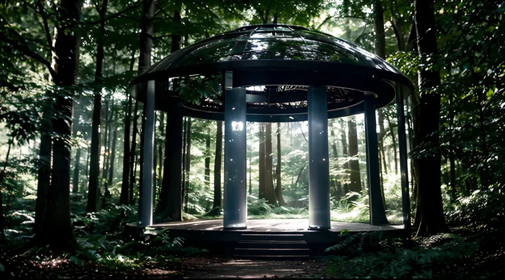 In a dense, shadowy forest where the trees loom tall and twisted, a faint, ethereal glow beckons from behind the foliage. Concealed amidst the underbrush and ancient tree trunks lies a sleek, futuristic cryochamber sleeping pod. Its modern, minimalist desi...