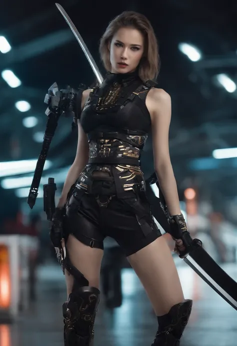 A future warrior carrying a katana, (finely detailed skin), pale skin, (In the deep neckline highly detailed sexy futuristic cyberpunk black short blouse and underpants made of circuit boards, Japanese words with luminous effect, Beautiful epic composition...