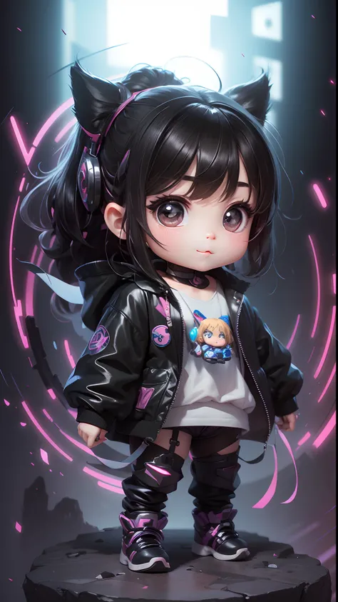 baby chibi supergirl character, realistic 3d short hair, black hair, long straight hair, happy face, shiny black eyes, full body she with ice cream cyberpunk style --auto --s2