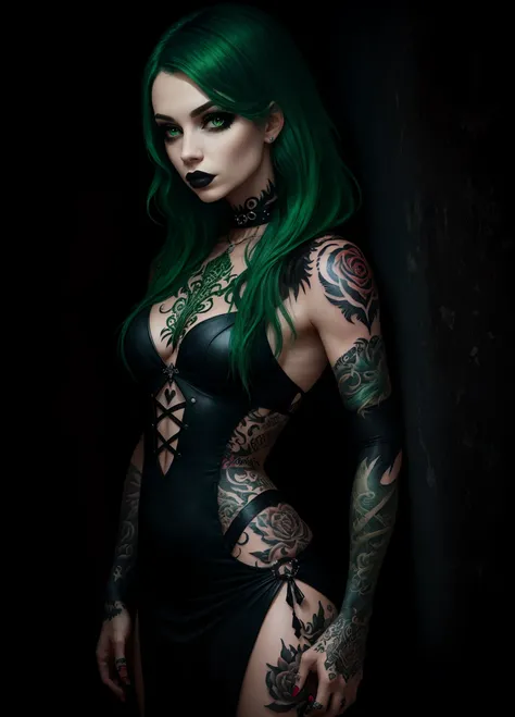 green hair, dark eyes, goth, tattoos