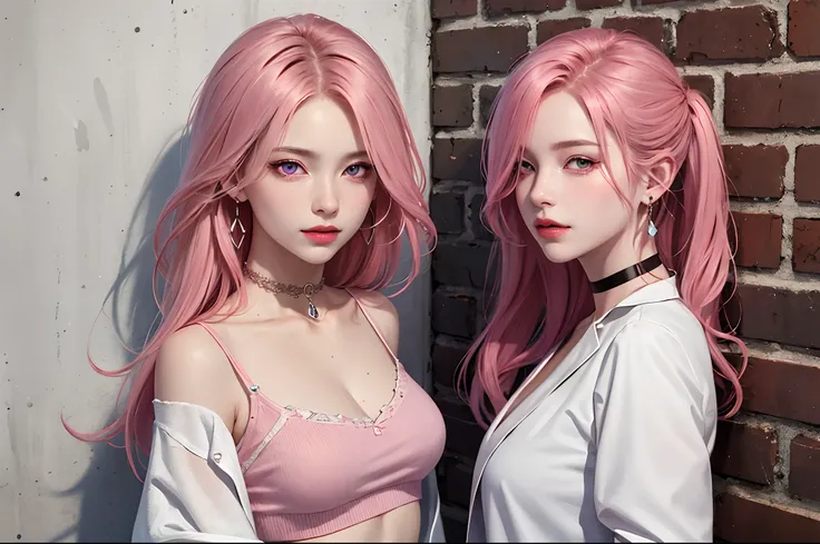 (masterpiece, best quality, 1adult girl, solo, intricate details, chromatic aberration), realistic, ((medium breath)),long hair, pink hair, red head ornament, pink highlights, hair over one eye,purple eyes, earrings, sharp eyes, choker, neon shirt, open ja...