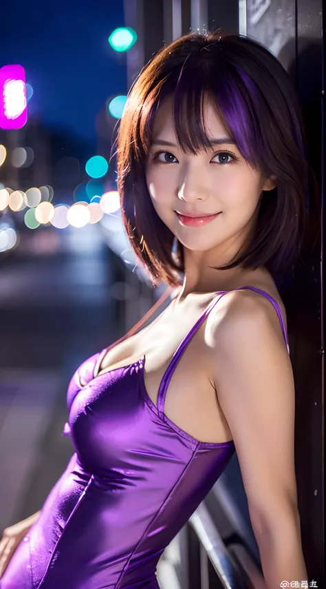 ((full bodyesbian))、(((Purple leotards)))、(((Bright night city)))、((1人))、((short-hair))、((sexy  pose))、((Cute Beautiful Girl))、((A slight smil))、((A slender))、Photorealsitic、Beautiful detailed eyes、Hyper-Realism、highcontrast、Ultra HD、realistic skin texture...