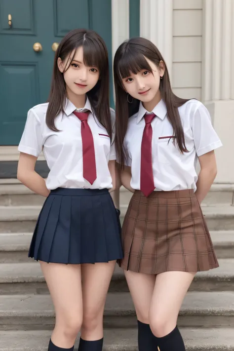 masutepiece, Best Quality, One girl, (Beautiful Girl:1.3), (16 years old:1.2), Very fine eye definition, (Symmetrical eyes:1.3), ((NSFW)), (School uniform,  Cute skirt:1.3), Beautiful breasts, Brown eyes, Parted bangs, Brown hair, Upper teeth,2 girls,