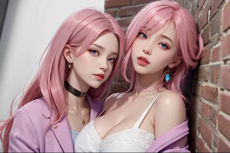 (masterpiece, best quality, 1adult girl, solo, intricate details, chromatic aberration), realistic, ((medium breath)),long hair, pink hair, red head ornament, pink highlights, hair over one eye,purple eyes, earrings, sharp eyes, choker, neon shirt, open ja...