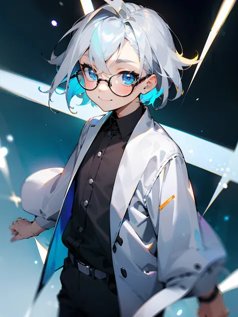 (Male child、Black glasses、blue eyess、 silber hair、a smile、a cool)，独奏，cowboy  shot，Iridescent background