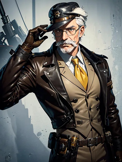 portrait, dark hero, gloomy hero, man, dark dieselpunk pilot, brown leather hat, yellow pilot glasses, white hair, long white mustache, brown jacket, brown gloves, brown long trousers, iron boots