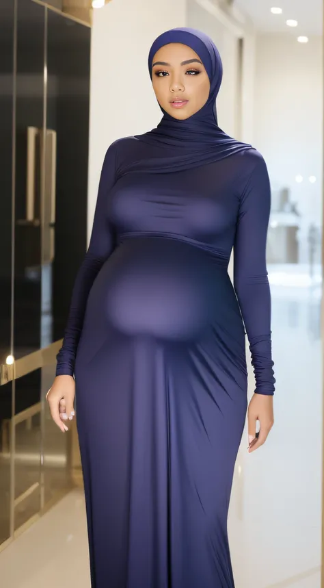 (NSFW,highres:1.2),1 girl,perfect body shape, slim waist, curvy hourglass figure, full body picture, skinny waist and thick hips,full body view,big boobs, (huge pregnant), wearing a hijab,wearing tight dress,beautiful detailed eyes,long eyelashes,natural m...