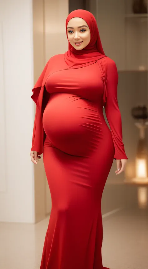 (NSFW,highres:1.2),1 girl,perfect body shape, slim waist, curvy hourglass figure, full body picture, skinny waist and thick hips,full body view,big boobs, (huge pregnant), wearing a hijab,wearing tight dress,beautiful detailed eyes,long eyelashes,natural m...