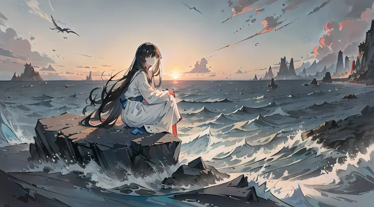 beautiful female teenager, white cute long dress ,very long black hair, depressive mood, depressive face, bad mood, shades of grey and blue, sea on the background, red small sun far away ,rocks far away, ((detailed face))