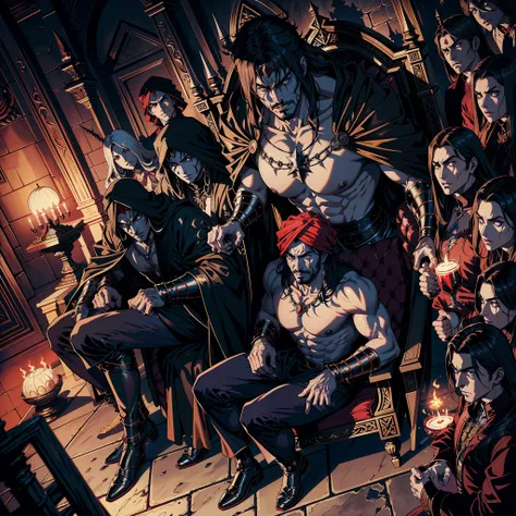 Castlevania Hyper Realistic Shadow Lord Super Detailed Dynamic Shot Master Piece of Lord Dracula Medieval Arab Warrior with Red Turban Scary Face Hokuto No Ken Structure Muscular Face Kenshiro sitting in his legendary Moroccan throne surrounded by demons a...