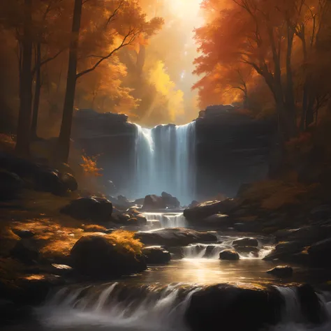 painting of a waterfall in a forest with a sunbeam, marc adamus, stunning digital painting, ryan dyar, by Darek Zabrocki, gorgeous digital painting, beautiful digital painting, by Jason A. Engle, hyperrealistic fall, by Andreas Rocha, 8k resolution digital...