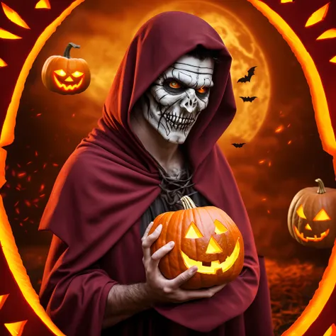 In a medieval Halloween background there is a male vampire who hands a carved Halloween pumpkin. --auto --s2