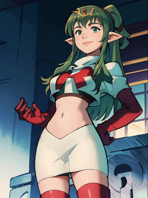 tiki fe,rocket,team rocket uniform, red letter r, white skirt,white crop top,black thigh-highs,black elbow gloves, looking down ...