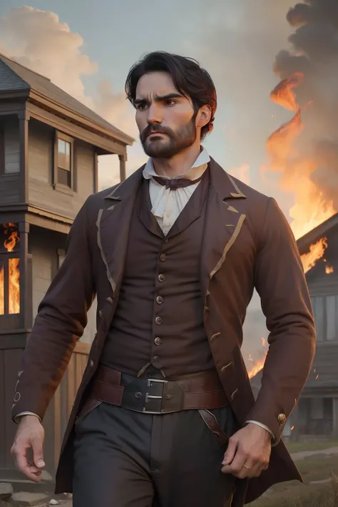 year: 1849. Location: Rock Island, Illinois. Pre-Raphaelite scene with a 39-year-old Tyler Hoechlin, furious, angry, in front of a house in flames, ((((Clothing from the 1840s)))) ((Hairstyle of the 1840s)), ((("OMITB" cinematography)))