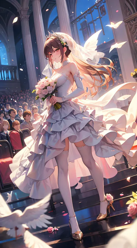 wedding gown，auditorium，Flying white doves，Holding roses in hand