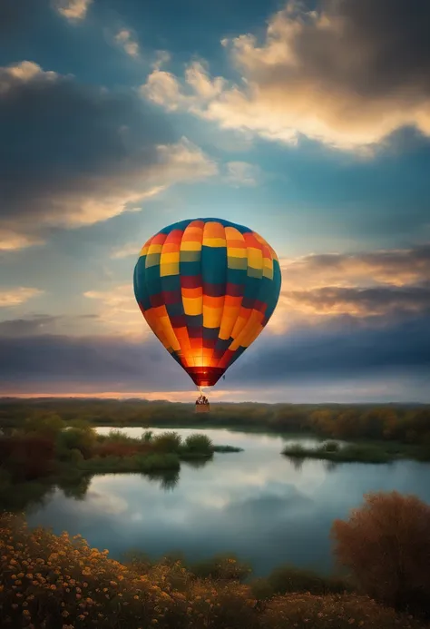 Mythical balloon lost in the clouds, Dandelion oasis, dramatic sunset clouds, The name on the balloon is "Aventutas nas Alturas"