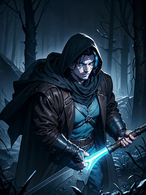 portrait, dark hero, gloomy hero, strong man, dark fantasy gravedigger, dark sexton, dead mans blue skin, rag hood, glowing blue eyes, black hair, brown rag jacket, pale iron bracers, brown long trousers, cloak of dark drifting mist, leather boots, holds r...