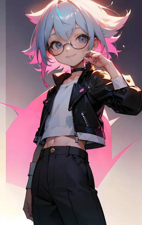 (Male child, eye glasses,A smile, silber hair)、独奏、jaket、Black jacket、Iridescent background、a choker、razor、Leather jacket、O cabelo multicolorido、cowboy  shot、Color Inner Hair、bangss、White shirt、Fluffy clothes、Two-tone、Viewers Perspective、is standing、a close...