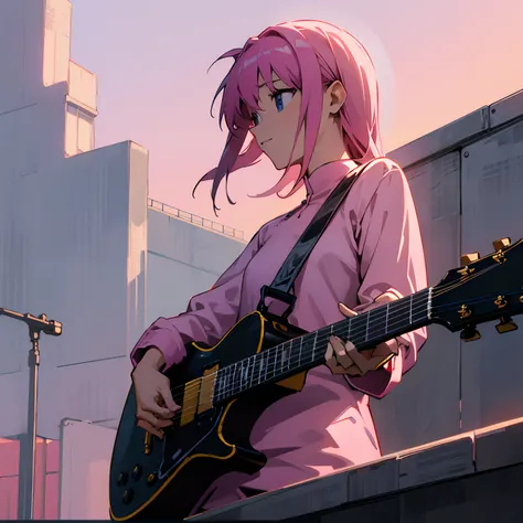 Pink jersey　On the rooftop　early evening　Reflectors　plays the guitar　perspiring