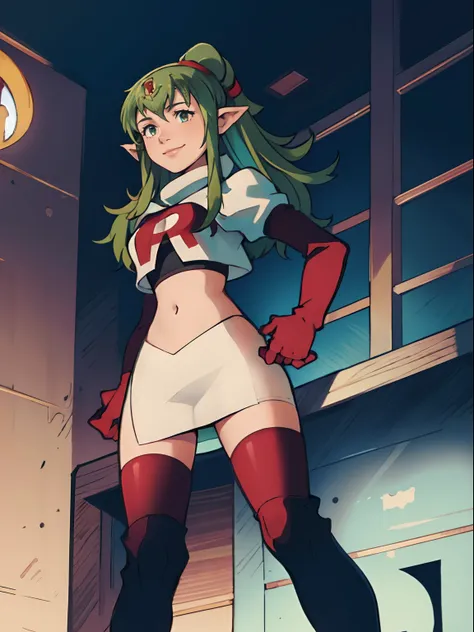 tiki fe,rocket,team rocket uniform, red letter r, white skirt,white crop top,black thigh-highs,black elbow gloves, looking down ...