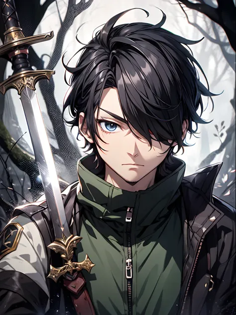 A anime boy with black hair one eye cover with hair ,with a sword background dark forest