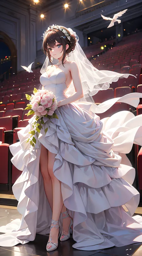 wedding gown，auditorium，flying white doves，holding a bouquet of roses，divino