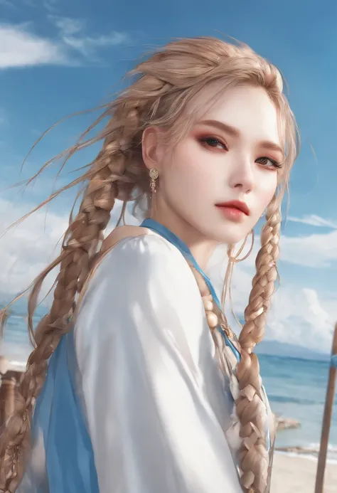 (top-quality:1.2)、1girl in、(fish-eye lens、Lateral face、disarray、gradation hair、Long、spiked hair、quad braids、large_breasts、blue-sky)、