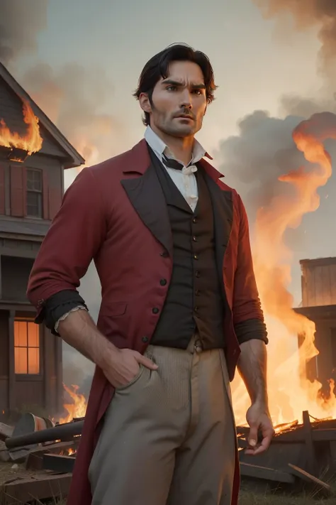 year: 1849. Location: Rock Island, Illinois. Pre-Raphaelite scene with a 39-year-old Tyler Hoechlin, furious, angry, in front of a house in flames, ((((Clothing from the 1840s)))) ((Hairstyle of the 1840s)), ((("OMITB" cinematography)))