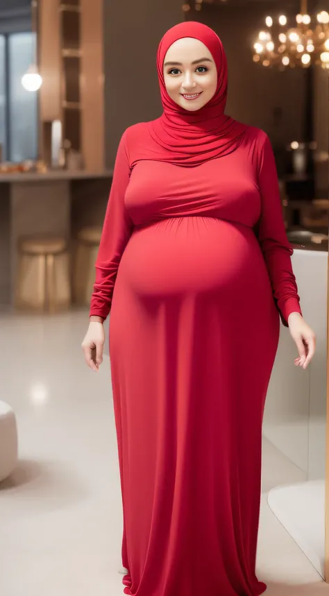 (NSFW,highres:1.2),1 girl,perfect body shape, slim waist, curvy hourglass figure, full body picture, skinny waist and thick hips,full body view,big boobs, (huge pregnant), wearing a hijab,wearing turtle neck long sleeve top, beautiful detailed eyes,long ey...