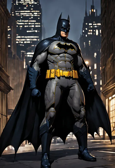 (high resolution) Detailed illustration of Batman in a dark cityscape, dressed in his iconic black and gold Batsuit, with a stern expression on his face [batman],[detailed illustration],[dark cityscape],[suit iconic],[ severe expression]. The artwork shoul...