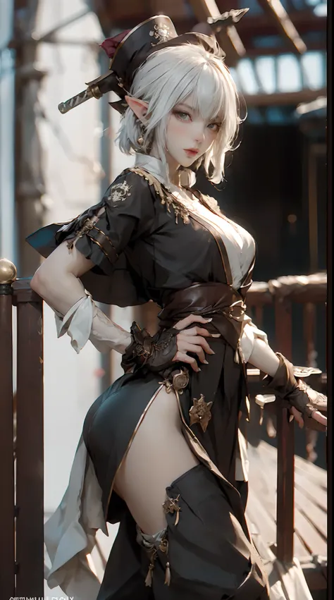 a elf pirate standing on the deck of her ship, The female pirate is wearing all black, with a pirate hat and a sword at her waist, (((1girl))), in Extremely cute elf race face with a perfect body, (((of the highest quality: 1.4))),(unparalleled masterpiece...