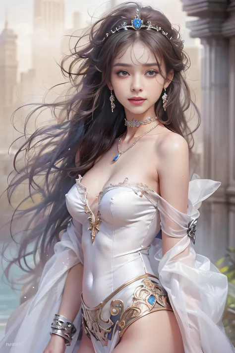 ((tmasterpiece:1.4)、(top-quality:1.4)、(reallistic:1.7))、By Luis Royo（By Luis Royo）Surreal portrait of a beautiful girl、Super beautiful girl、((1girl in:1.4))、Shiny natural skin texture、(The Queens Gorgeous Costume)、((Sheer off-the-shoulder white one-piece m...