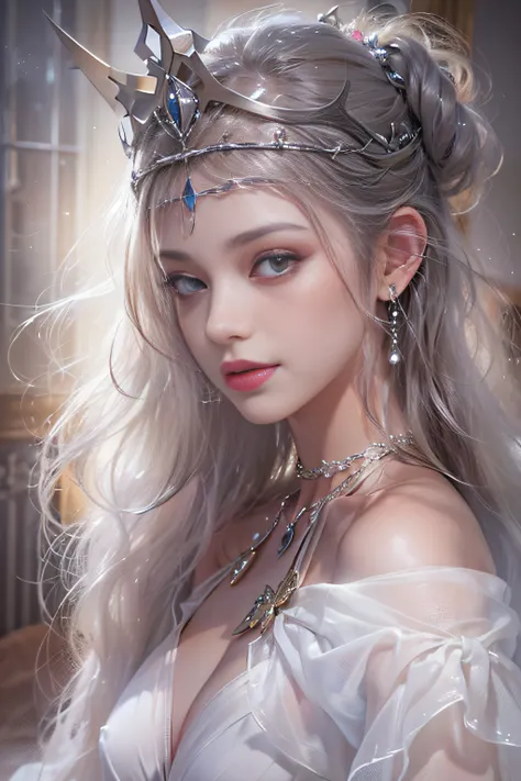 ((tmasterpiece:1.4)、(top-quality:1.4)、(reallistic:1.7))、By Luis Royo（By Luis Royo）Surreal portrait of a beautiful girl、Super beautiful girl、((1girl in:1.4))、Shiny natural skin texture、(The Queens Gorgeous Costume)、((Sheer off-the-shoulder white one-piece m...