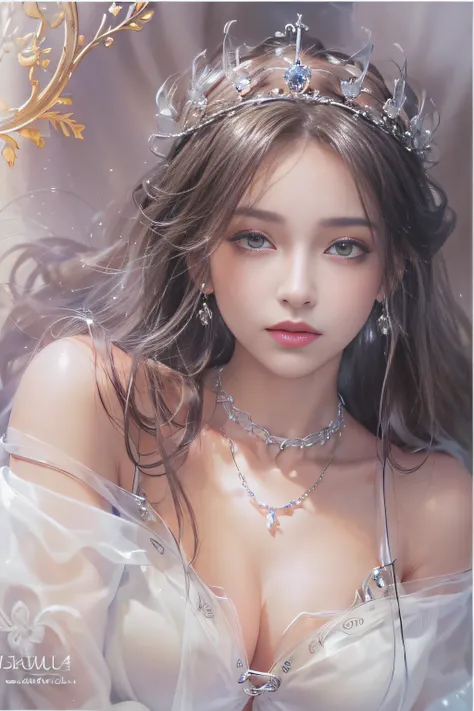 ((tmasterpiece:1.4)、(top-quality:1.4)、(reallistic:1.7))、By Luis Royo（By Luis Royo）Surreal portrait of a beautiful girl、Super beautiful girl、((1girl in:1.4))、Shiny natural skin texture、(The Queens Gorgeous Costume)、((Sheer off-the-shoulder white one-piece m...