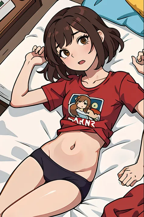 La mejor calidad ,pelo largo ,, Caucasian anime girl max caulfield ,ojos grandes , , brown hair , feliz , , piel suave, , ojos expresivos , ,belly, Camiseta roja ,in underwear , lying in bed