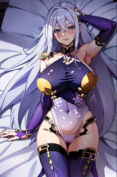 masterpiece, best quality, extremely detailed, 1girl, mature female, solo, ross, (huge breasts:1.5), (((white hair, very long hair, blue eyes))), parted lips, (((outfit-km, purple dress, pelvic curtain, elbow gloves, purple gloves, white pantyhose))), ((bl...