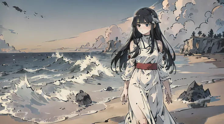 beautiful female teenager, white cute long dress ,very long black hair, depressive mood, depressive face, bad mood, standing on the sand, shades of grey and blue, sea on the background, red small sun far away ,rocks far away, (((((detailed face)))))