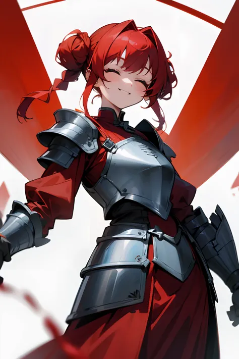 Red-haired young lady、Perm double knot、a smile、Eyes closed、Dress like armor、Whole body bloody