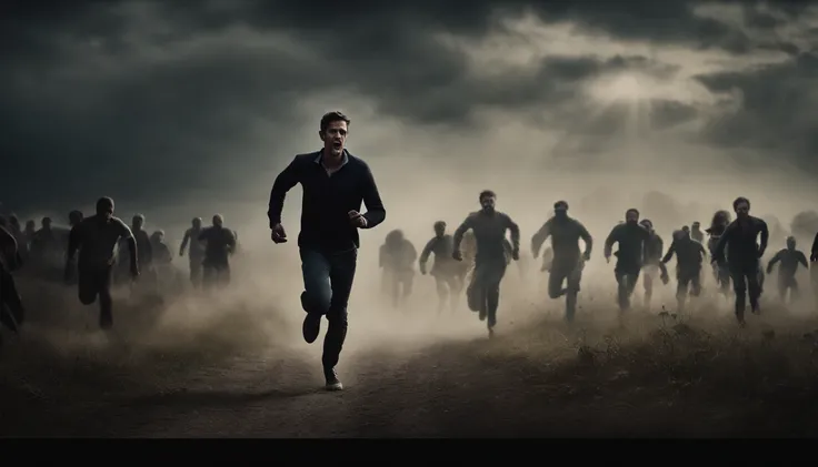 man running away from zombie horde