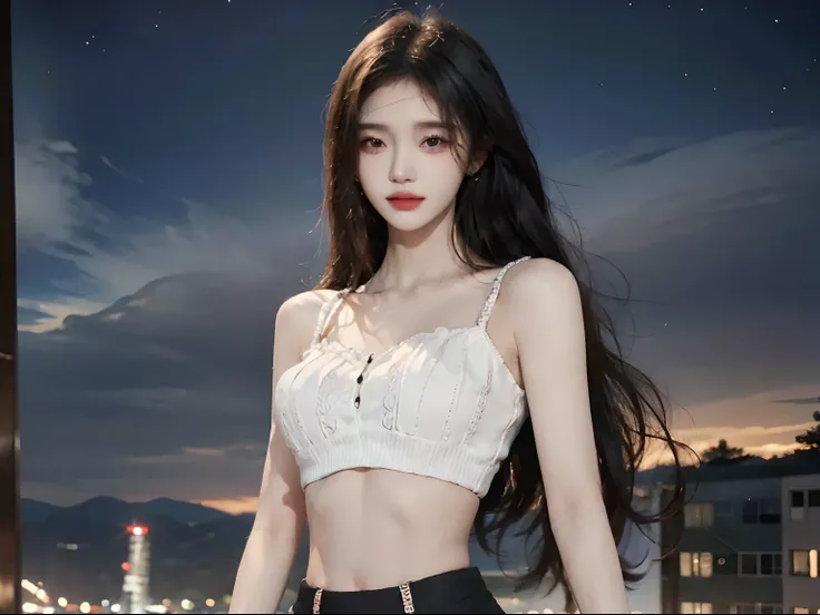 upper body,  (realisitic:1.4),  8K UHD,  Top  Quality,  The ultra-Highres,  Unique Backgrounds,  clouds,  Dark and very dark.,  Building lights are lighting up the night.,  wind:1.3,  (Wearing a crop top and a short skirt),  (images:1.1),  kpop-idol,  (Bea...