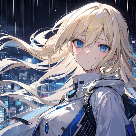 A woman in her twenties，Long blonde hair，eBlue eyes，expression sad，Night City,rain,White clothing