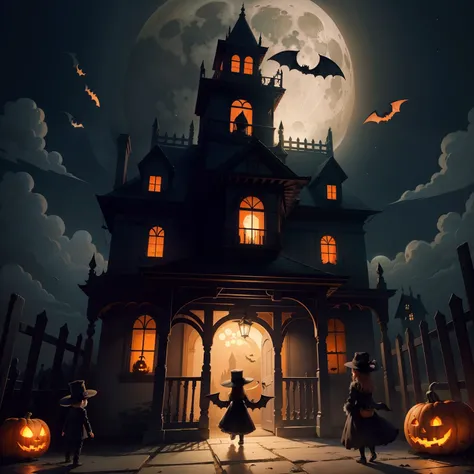 Childrens illustrations, Scary Halloween scene with ghosts, bat, Pumpkin and old house in the background.,The moon is orange..,The elephant wears a tall black hat with a black veil.