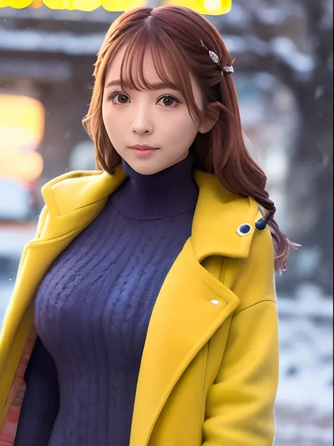 (8k, best quality, masutepiece: 1.2), girl with、kawaii faces,outerwear wears a long yellow coat、a pink sweater can be seen from ...