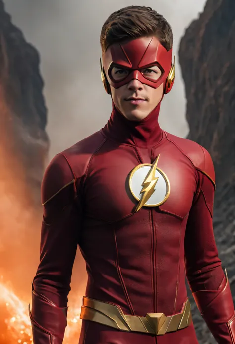 close-up, head and shoulder portrait, (an extremely muscular Grant Gustin as the Flash wearing red, bandit eye mask, a bright red spandex flash suit with gold boots, and gold wrist gauntlets), extremely colorful, outer space, planets, stars, galaxies, fire...