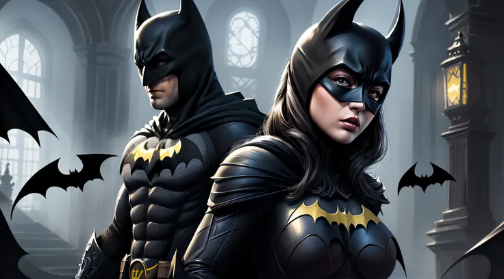 (high quality, fancy, beautiful detailed illustration, digital painting) Batman accompanied by batgirl