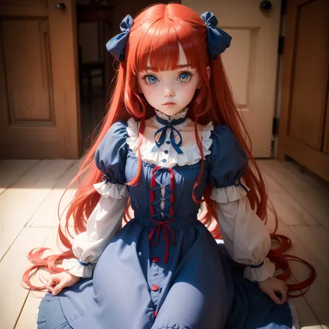 ragdoll girl, with red hair and a ribbon, blue ragdoll dress, bottons eyes