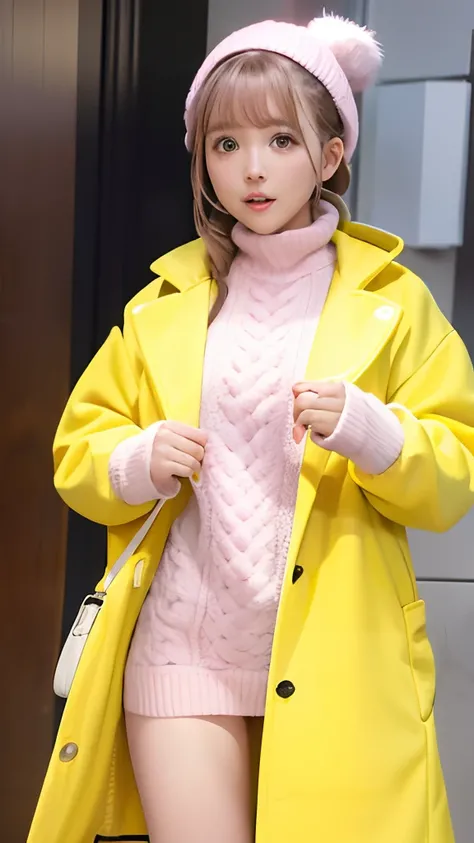 (8K, Best Quality, masutepiece: 1.2), girl with、kawaii faces,Outerwear wears a long yellow coat、A pink sweater can be seen from under the coat、FULL BODYSHOT、The background is、Flickering and falling snow、Cinematic production、High-quality lighting